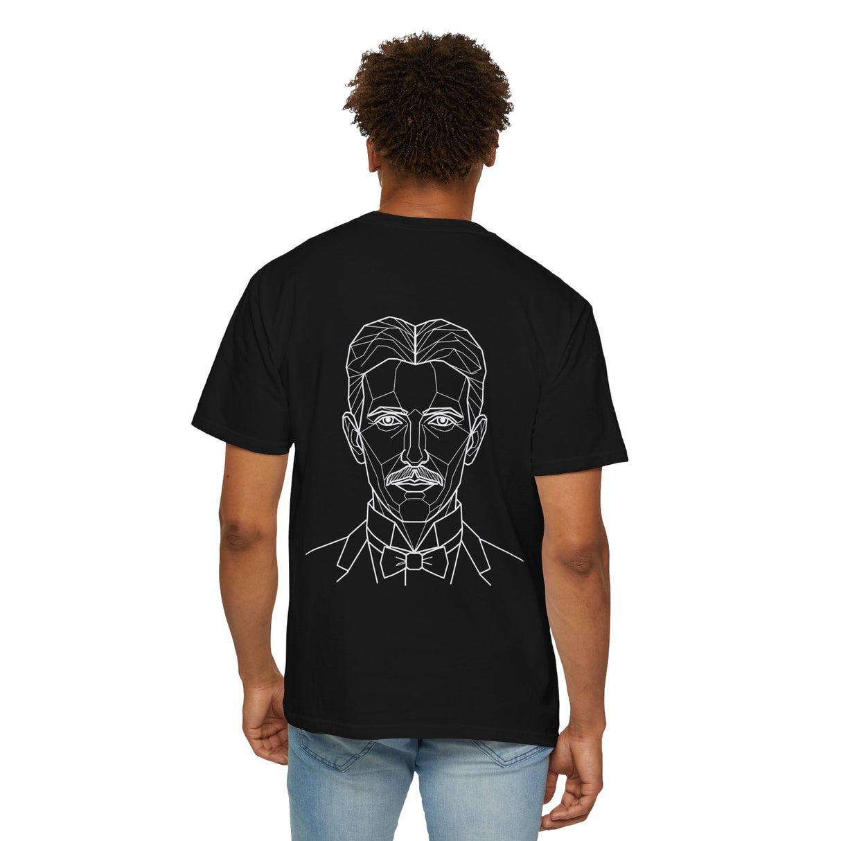 Tesla T-shirt from Visionaries Series featuring the quote "Think in Terms of Energy, Frequency and Vibration" on a comfortable cotton tee.
