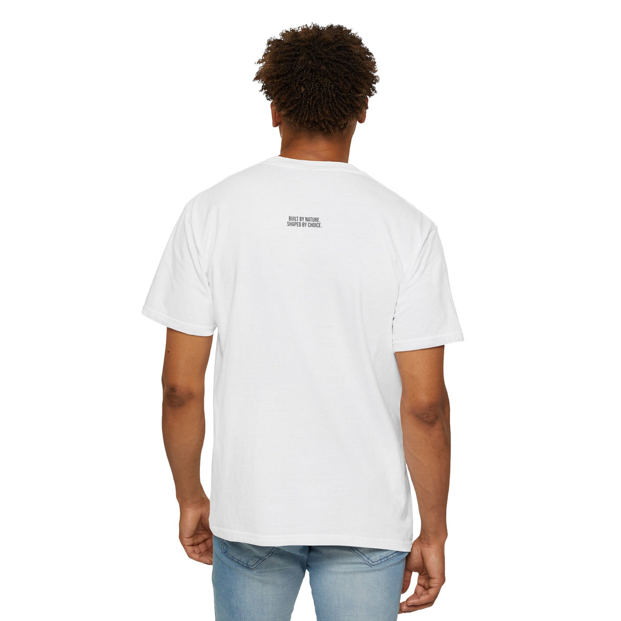 Printify Mountain Tee T-shirt from the Nature Series with "Built by Nature. Shaped by Choice." slogan, featuring mountain graphic design.