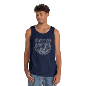 Gray Bear Tank Top from Printify's Geometric Animal Series featuring the phrase "Unbothered. Unmoved. Undefeated."