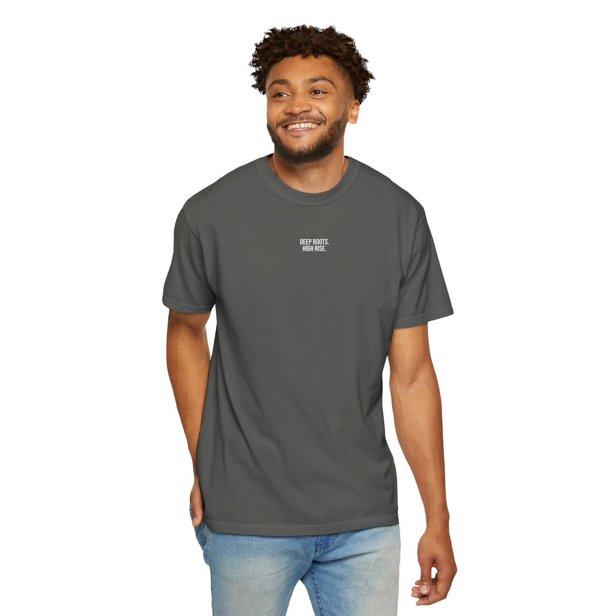 Forest Tee T-shirt from the Nature Series featuring "Deep Roots. High Rise." print, with forest and tree design on a casual shirt.