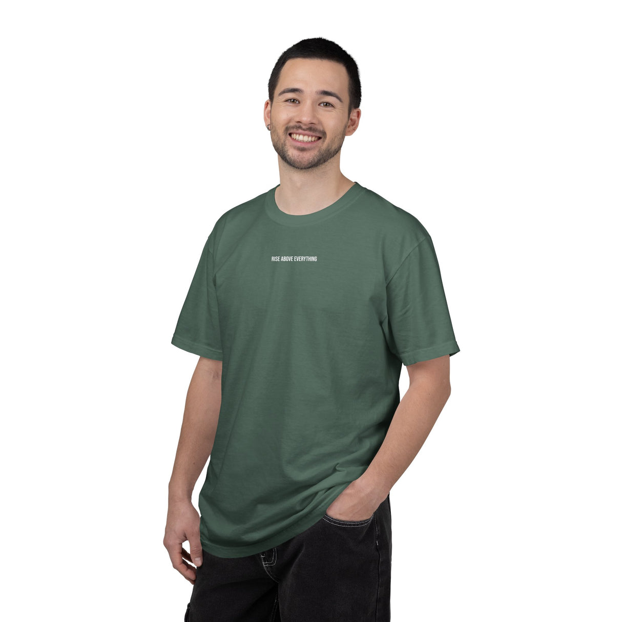 Eagle graphic T-shirt from Printify's Geometric Animal Series featuring "Rise Above Everything" text on a casual tee.