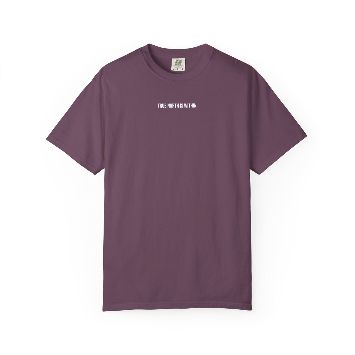 Printify Compass Tee T-shirt featuring "True North Is Within" design from the Nature Series, with a compass graphic on soft fabric.
