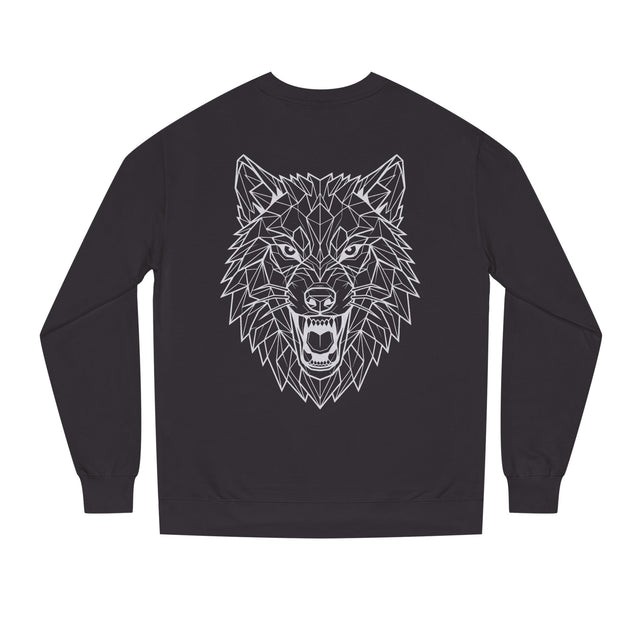 Gray Wolf Sweatshirt from Printify's Geometric Animal Series featuring "Hunt Alone. Win Together." graphic design and comfortable fit.