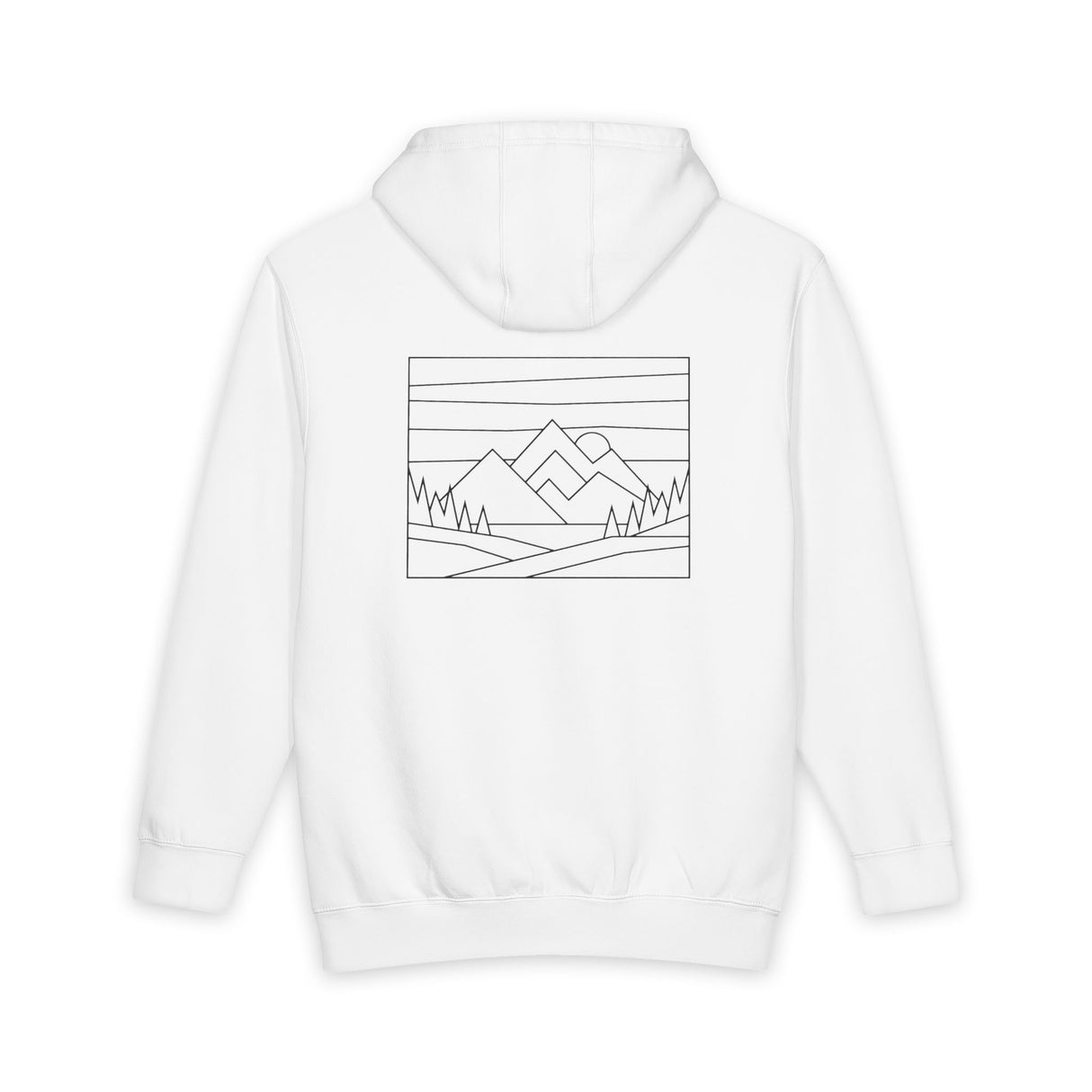 White hoodie with a black line art design of mountains on the back against a white background