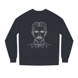 N. Tesla sweatshirt featuring the quote "Think in Terms of Energy, Frequency and Vibration" from the Visionaries Series, printed by Printify.