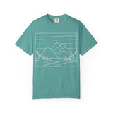Printify Mountain T-Shirt from the Nature Series featuring a mountain graphic and the phrase "Built by Nature. Shaped by Choice."