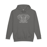 Gray elephant hoodie from the Geometric Animal Series featuring "Thick Skin. Soft Heart." by Printify, shown on a model.
