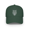 Navy blue cap with white text on a white background