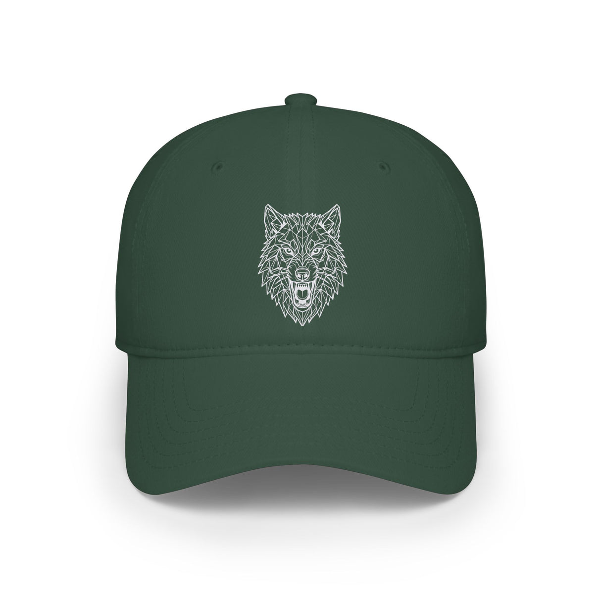 Navy blue cap with white text on a white background