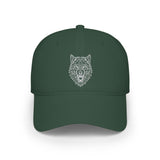 Navy blue cap with white text on a white background