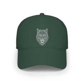 Navy blue cap with white text on a white background