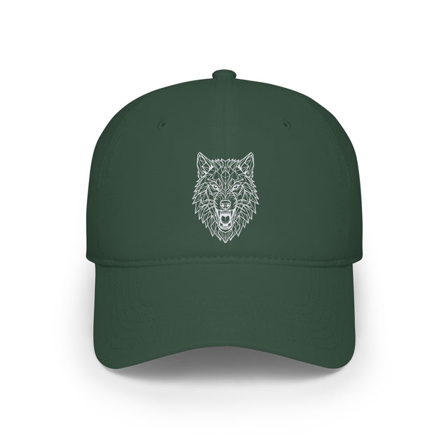Navy blue cap with white text on a white background