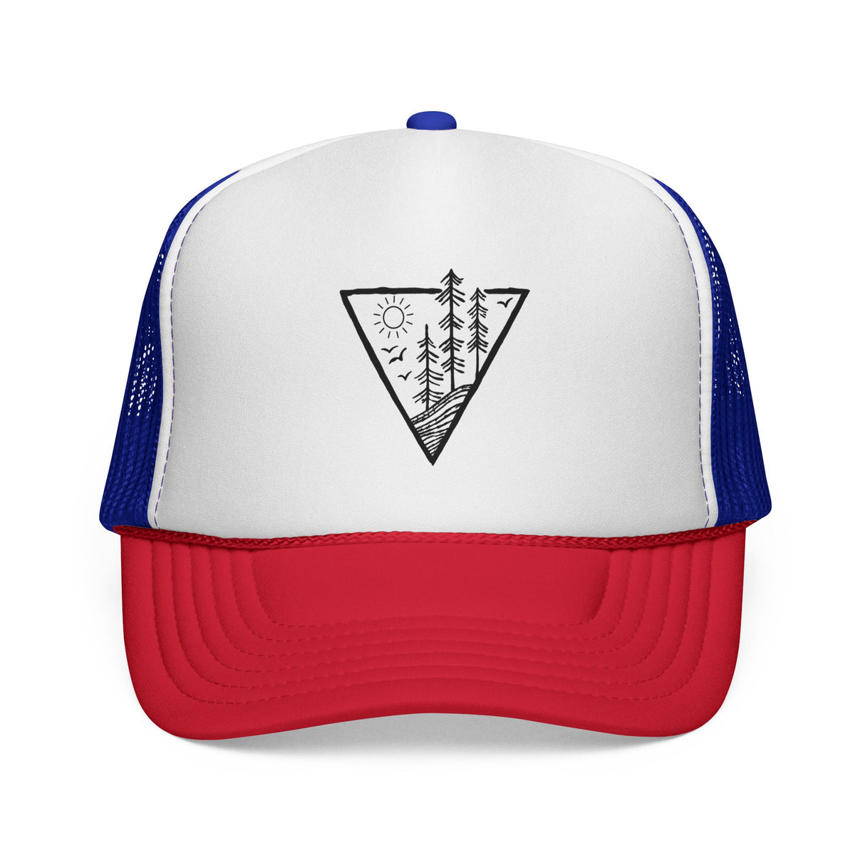 Forest Trucker Hat from Printify's Nature Series featuring "Deep Roots. High Rise." embroidered on a mesh and cotton cap.