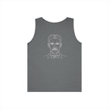 N. Tesla tank top featuring the quote "Think in Terms of Energy, Frequency and Vibration" from the Visionaries Series, made by Printify.