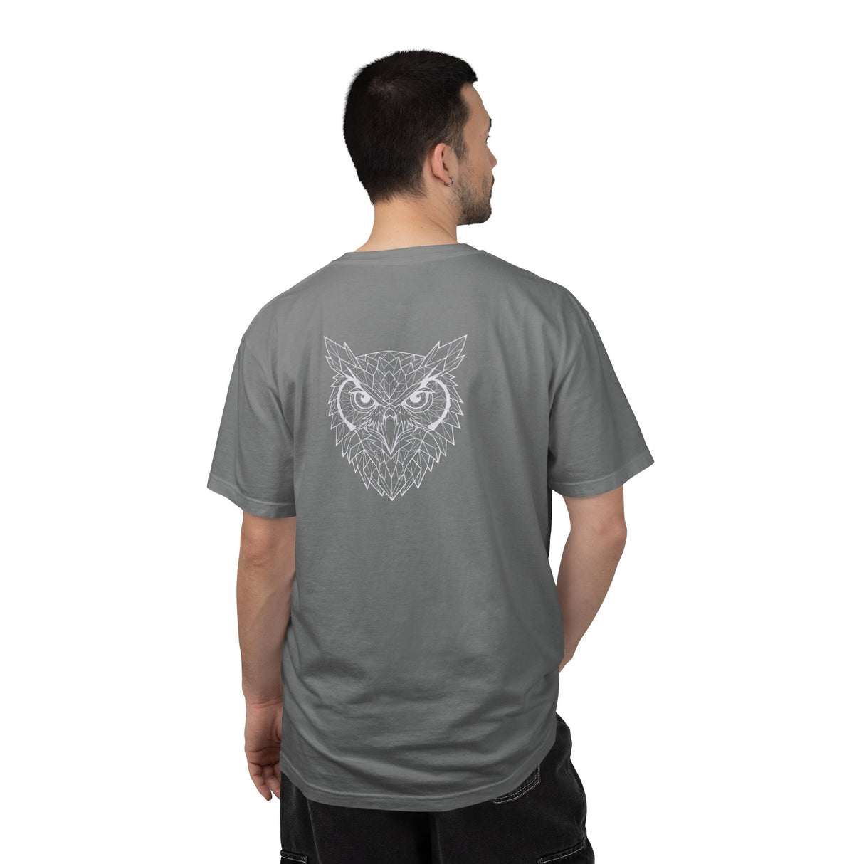 Gray owl graphic T-shirt from Printify's Geometric Animal Series with "See Everything. Say Nothing." quote, casual unisex fit.