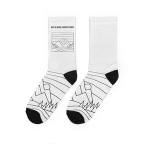 All-over print mountain landscape crew socks by Printify featuring nature-inspired design and padded comfort.