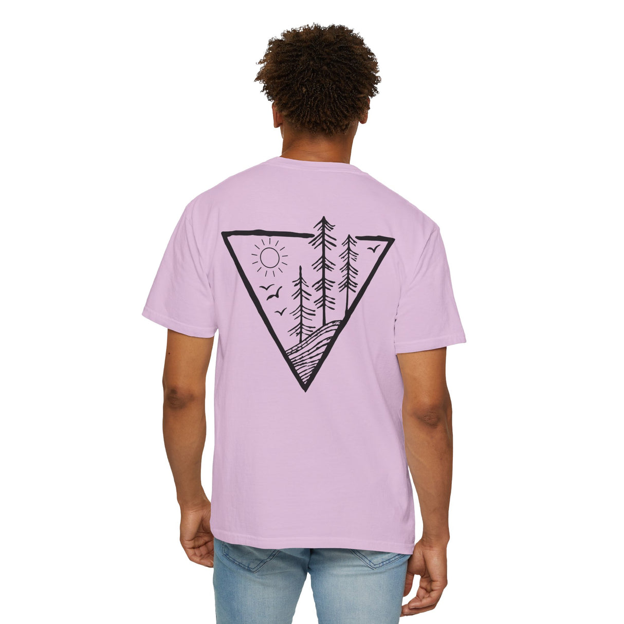 Forest Tee T-shirt from the Nature Series by Printify featuring a "Deep Roots. High Rise." design with forest and tree imagery.