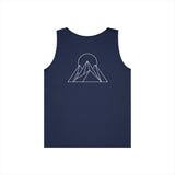 Pink Peak Tank Top from the Nature Series by Printify, featuring a sleeveless design and "Built to Rise" slogan.