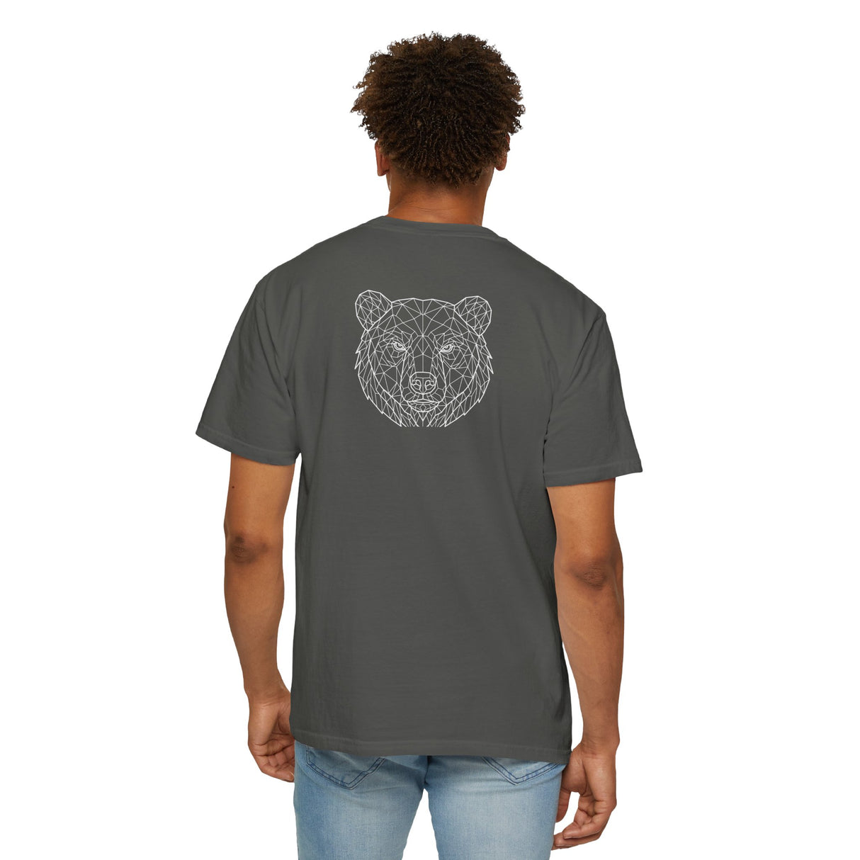 Gray Bear Tee T-shirt from Printify featuring geometric bear design and the quote "Unbothered. Unmoved. Undefeated."