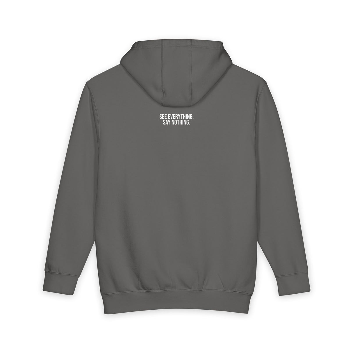 Gray owl hoodie from Printify's geometric animal series featuring an owl design and the slogan "See Everything. Say Nothing."