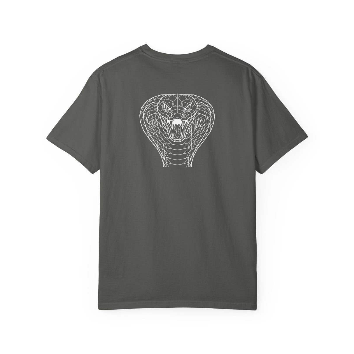 Gray t-shirt with a logo on the back against a white background