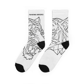 White socks with black geometric wolf design on a white background