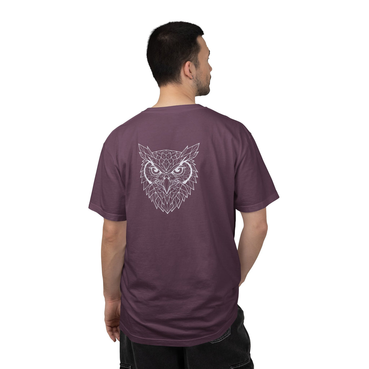 Gray owl graphic T-shirt from Printify's Geometric Animal Series featuring "See Everything. Say Nothing." design.