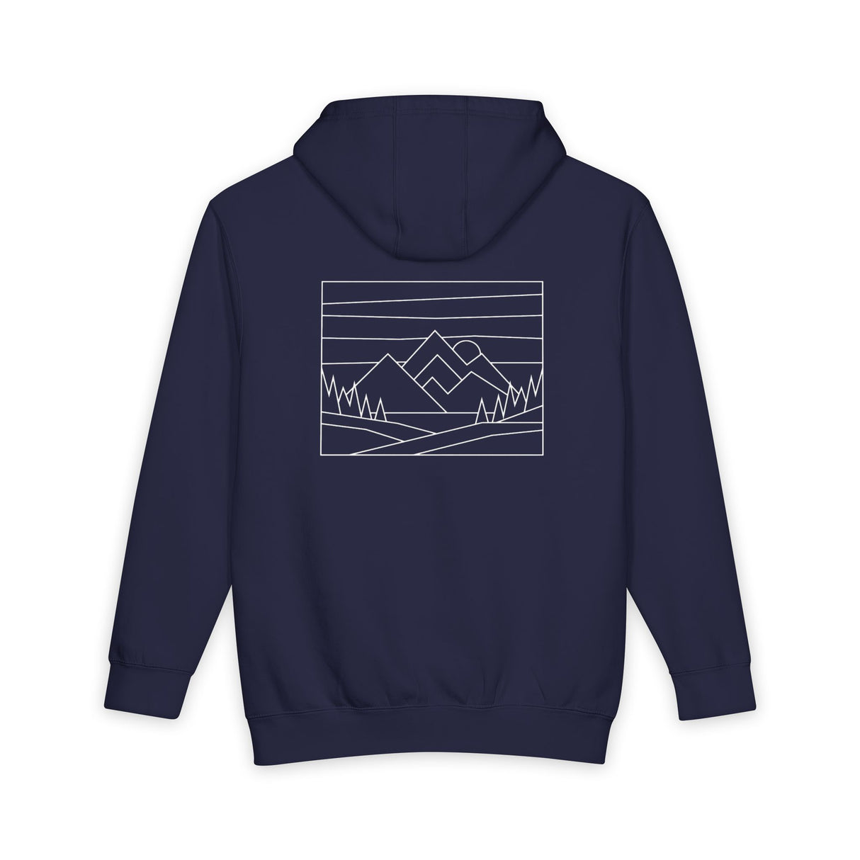 Navy blue hoodie with a mountain landscape design on the back against a white background