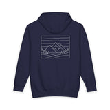 Navy blue hoodie with a mountain landscape design on the back against a white background