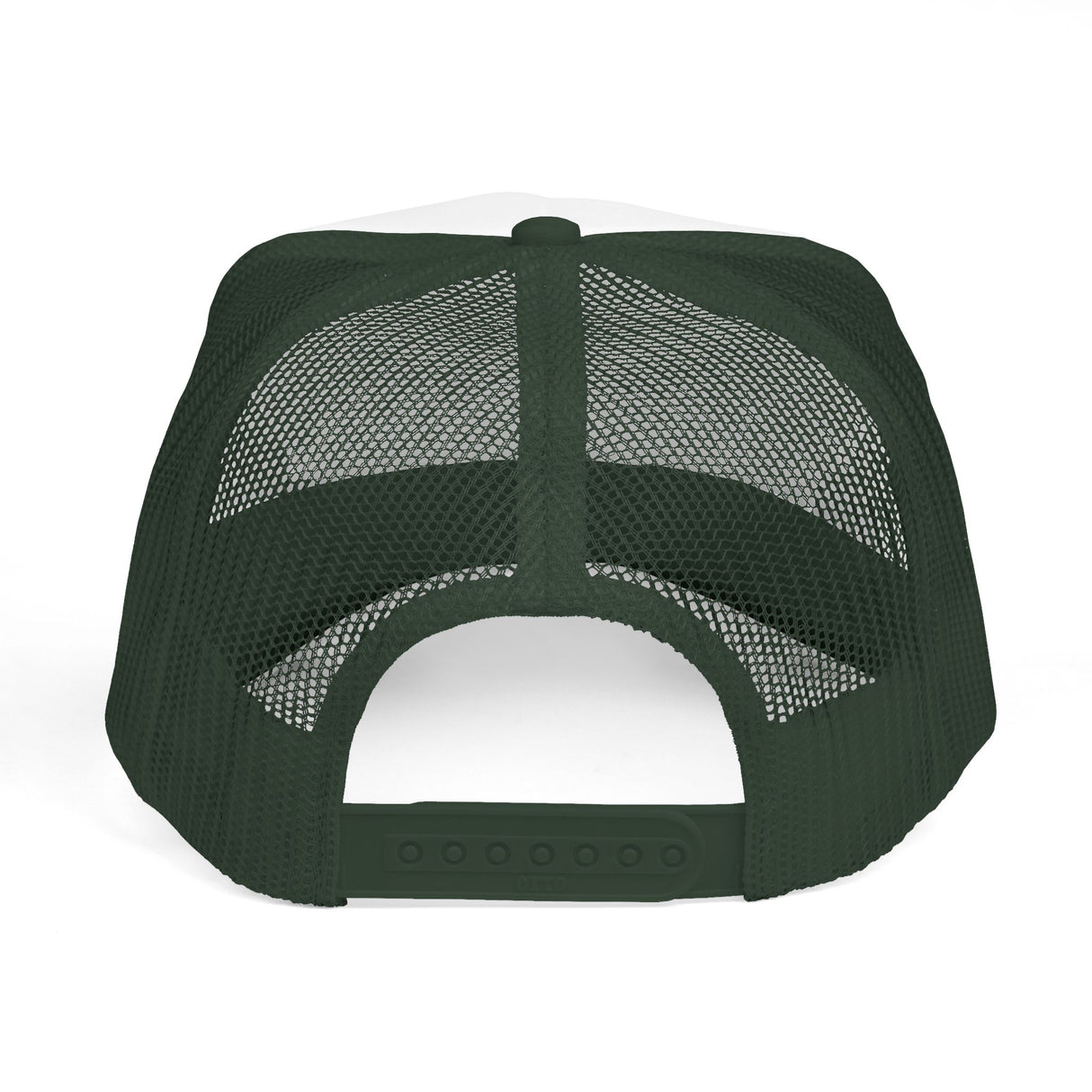 Forest Trucker Hat from Nature Series featuring "Deep Roots. High Rise." print, with mesh back and earthy green color.