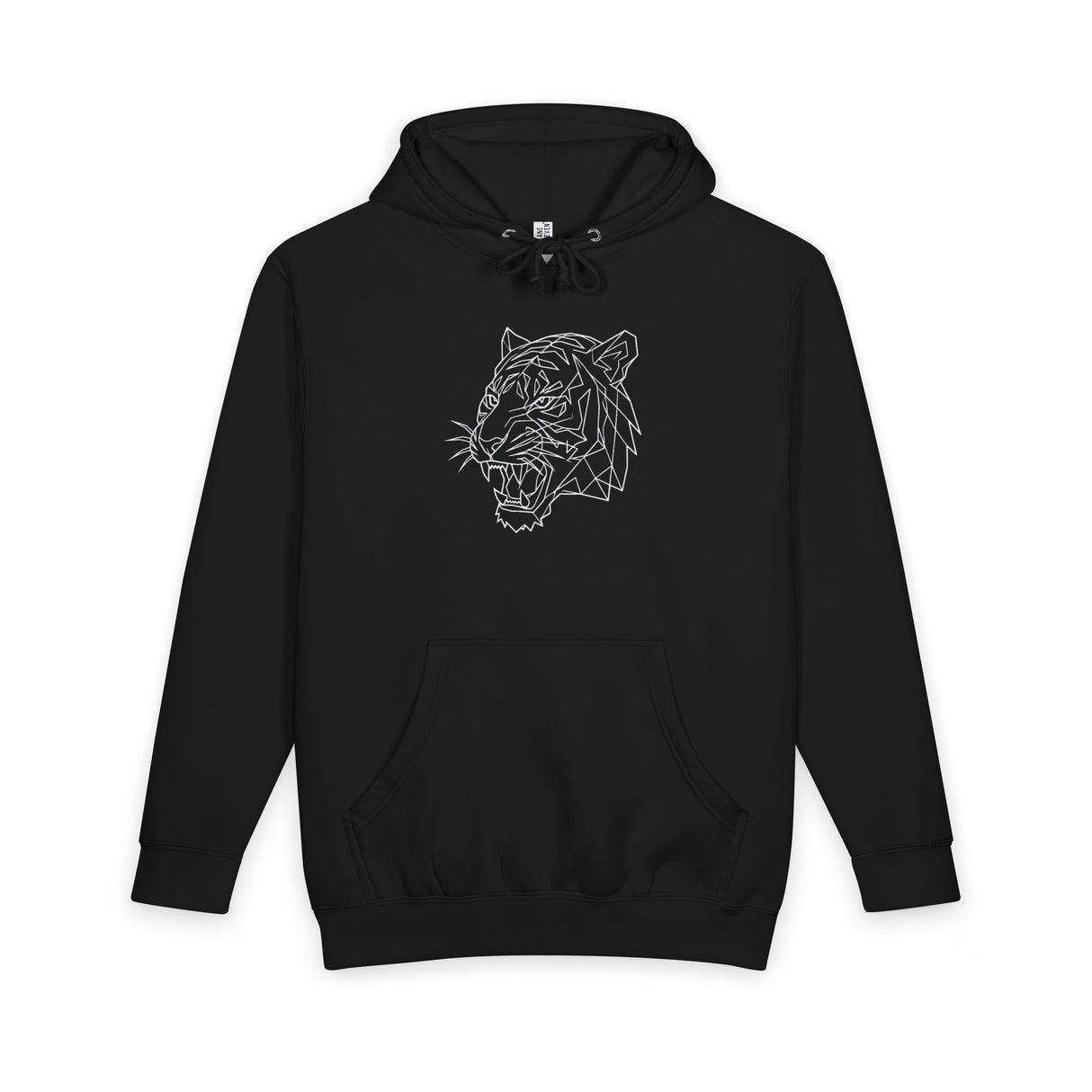 Black hoodie with minimalist geometric tiger graphic on chest, streetwear style