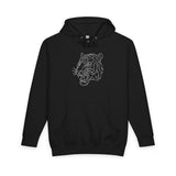 Black hoodie with minimalist geometric tiger graphic on chest, streetwear style
