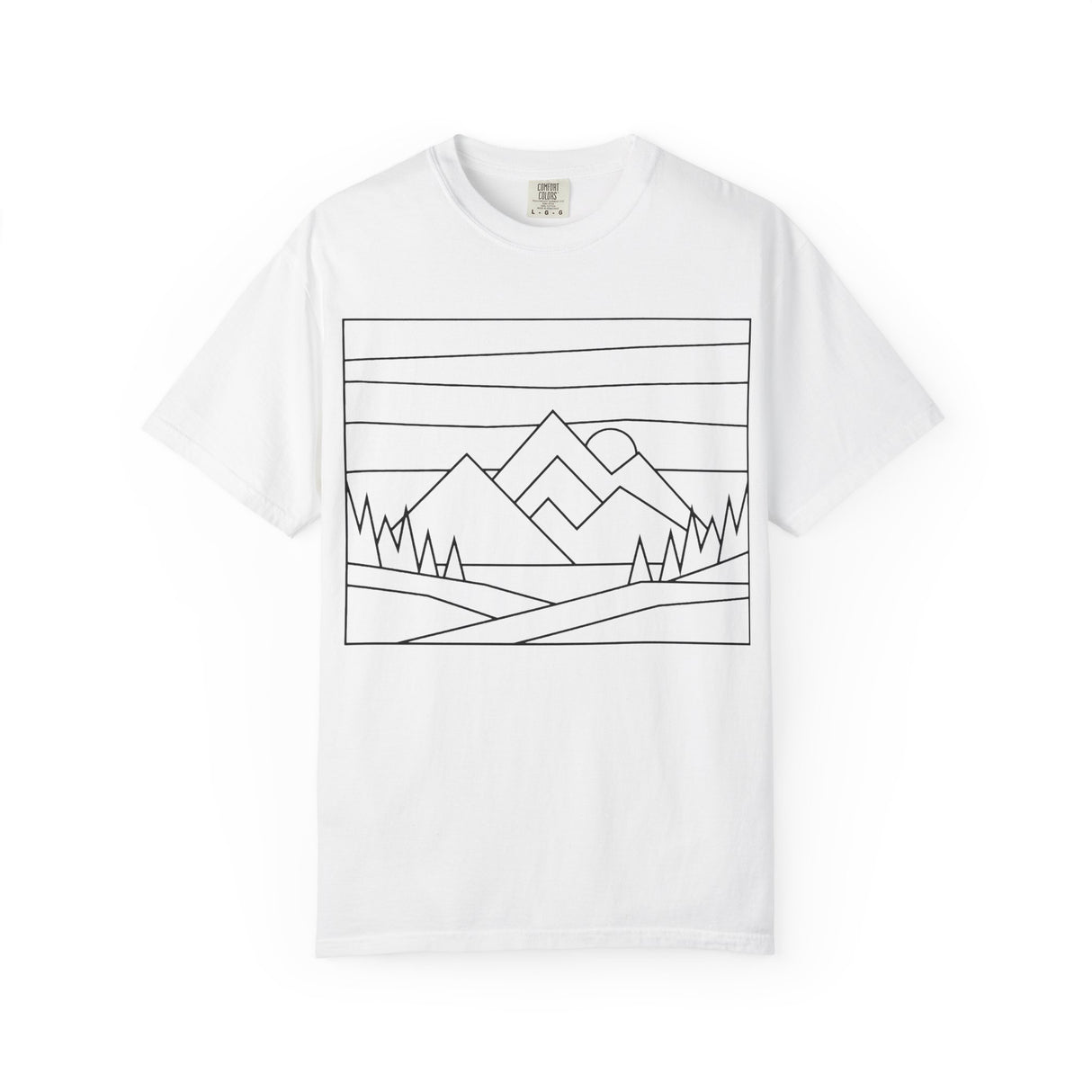 White t-shirt with a black line art mountain design on a white background