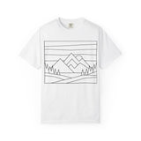White t-shirt with a black line art mountain design on a white background