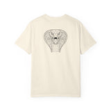 Beige t-shirt with a snake graphic on the back against a white background