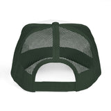 Printify Mountain Trucker Hat from the Nature Series featuring a curved brim and embroidered "Built by Nature, Shaped by Choice" slogan.