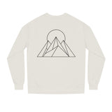White sweatshirt with black geometric mountain design on a white background