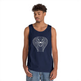 Gray Cobra Tank Top featuring geometric animal design and the phrase "Patience is the Deadliest Weapon" by Printify.