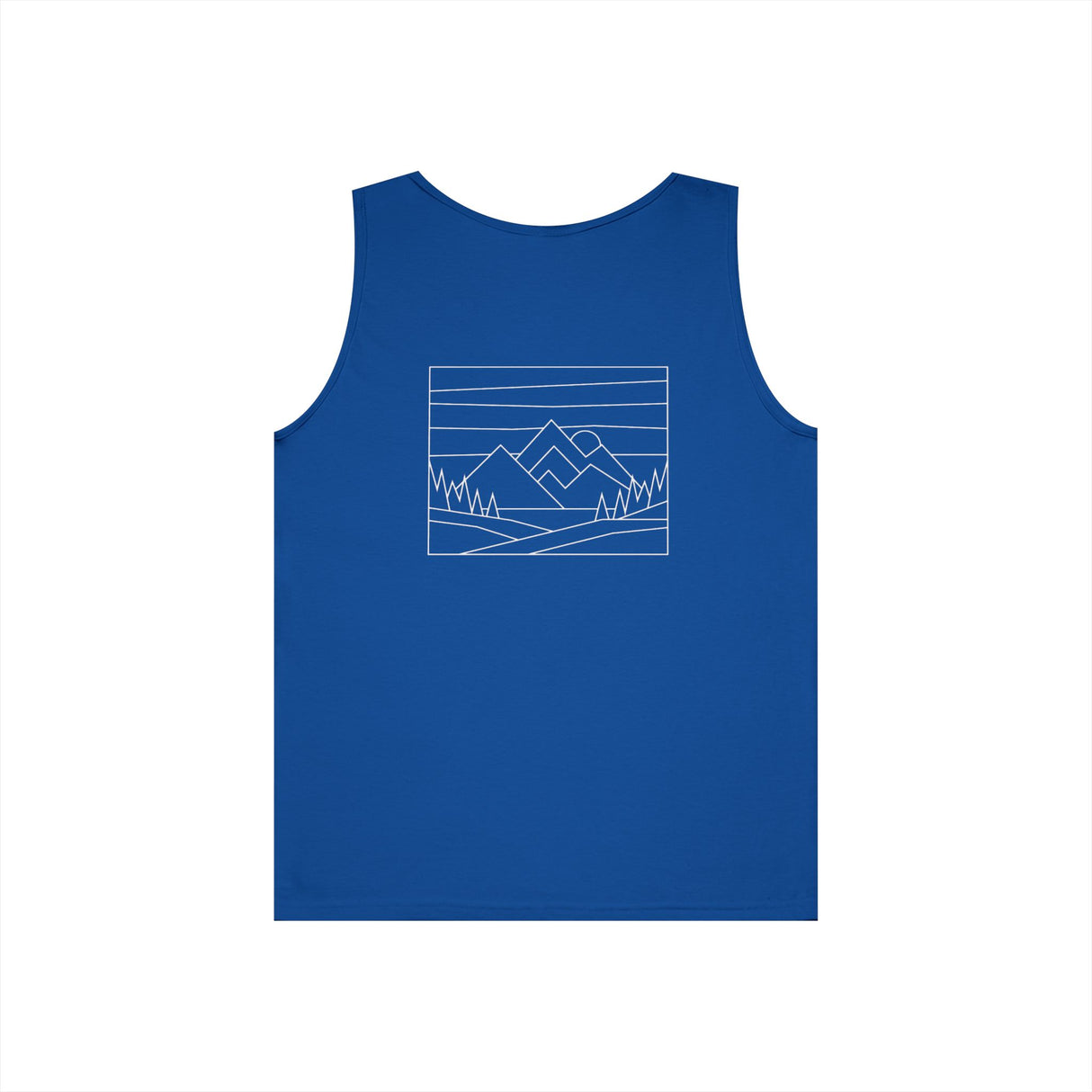 Black Mountain Tank Top from the Nature Series by Printify, featuring a sleeveless design and "Built by Nature. Shaped by Choice." slogan.
