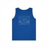 Black Mountain Tank Top from the Nature Series by Printify, featuring a sleeveless design and "Built by Nature. Shaped by Choice." slogan.