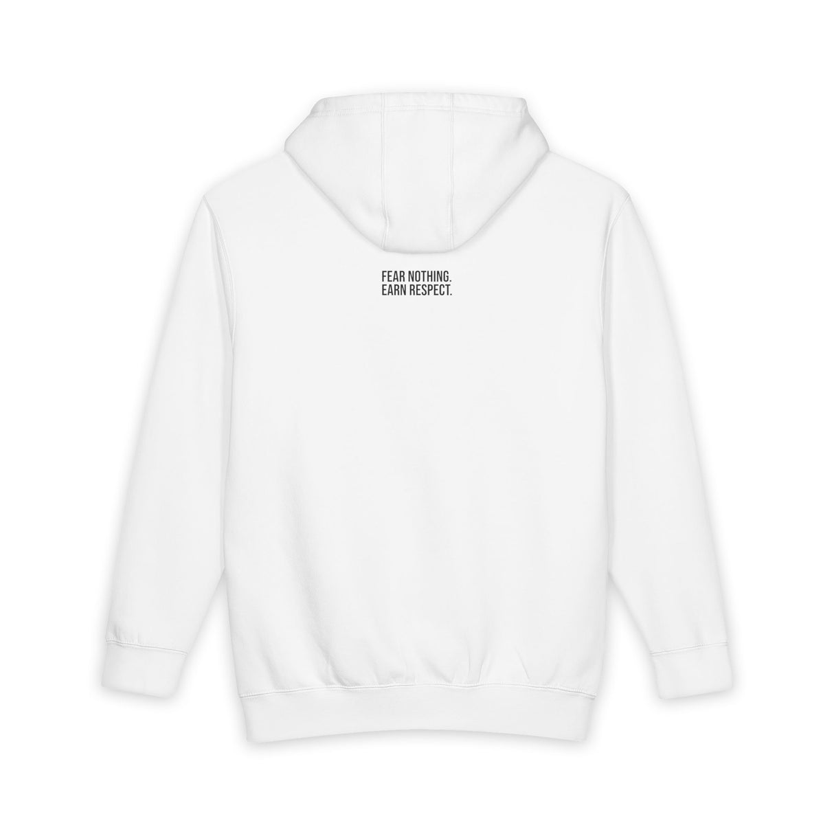 Gray tiger hoodie with "Fear Nothing. Earn Respect." slogan from the Geometric Animal Series, by Printify, shown on a model.