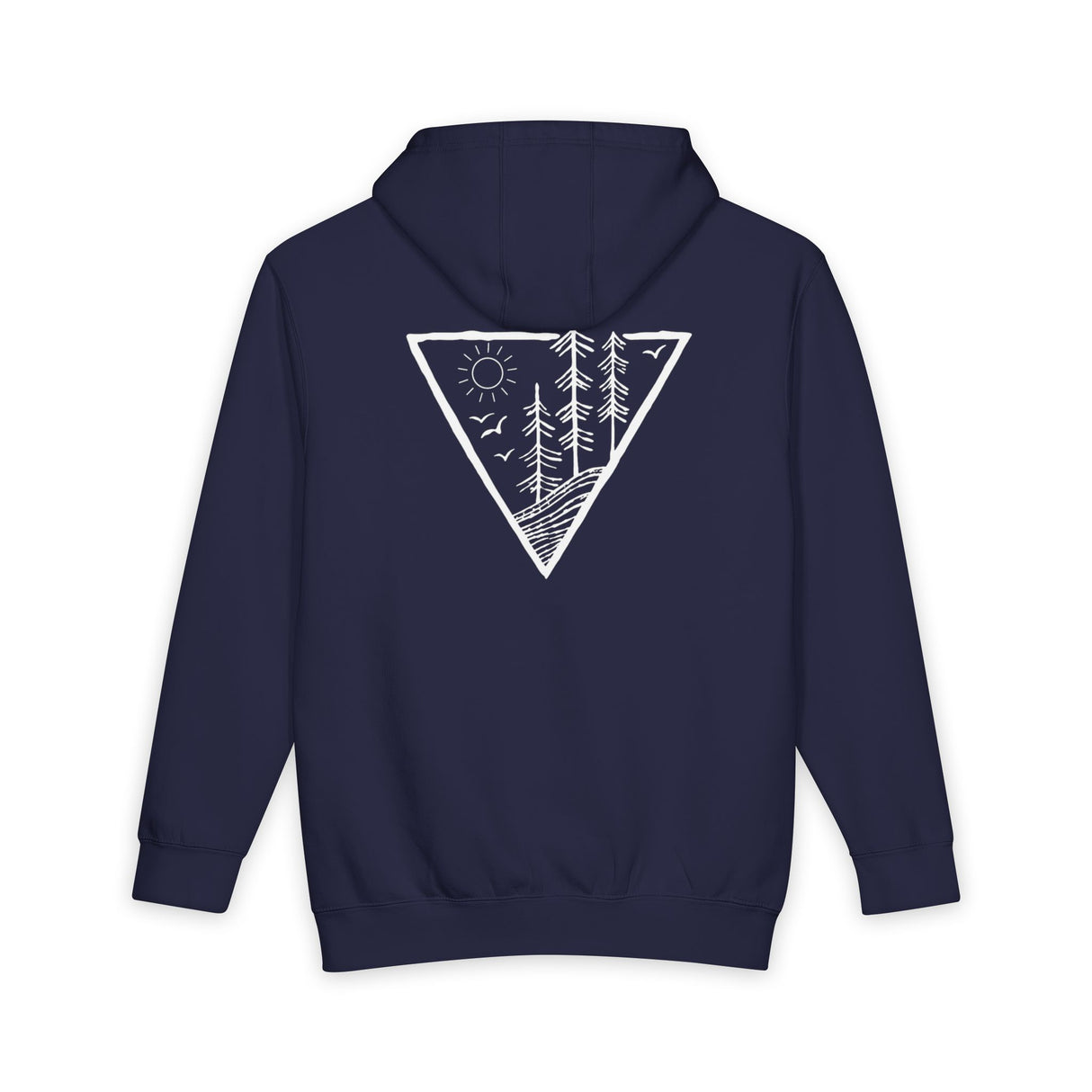 Navy blue hoodie with a white triangle design on the back against a white background
