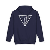 Navy blue hoodie with a white triangle design on the back against a white background