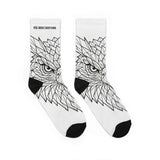 Eagle crew socks with geometric animal print, featuring "Rise Above Everything" slogan, in vibrant all-over print by Printify.
