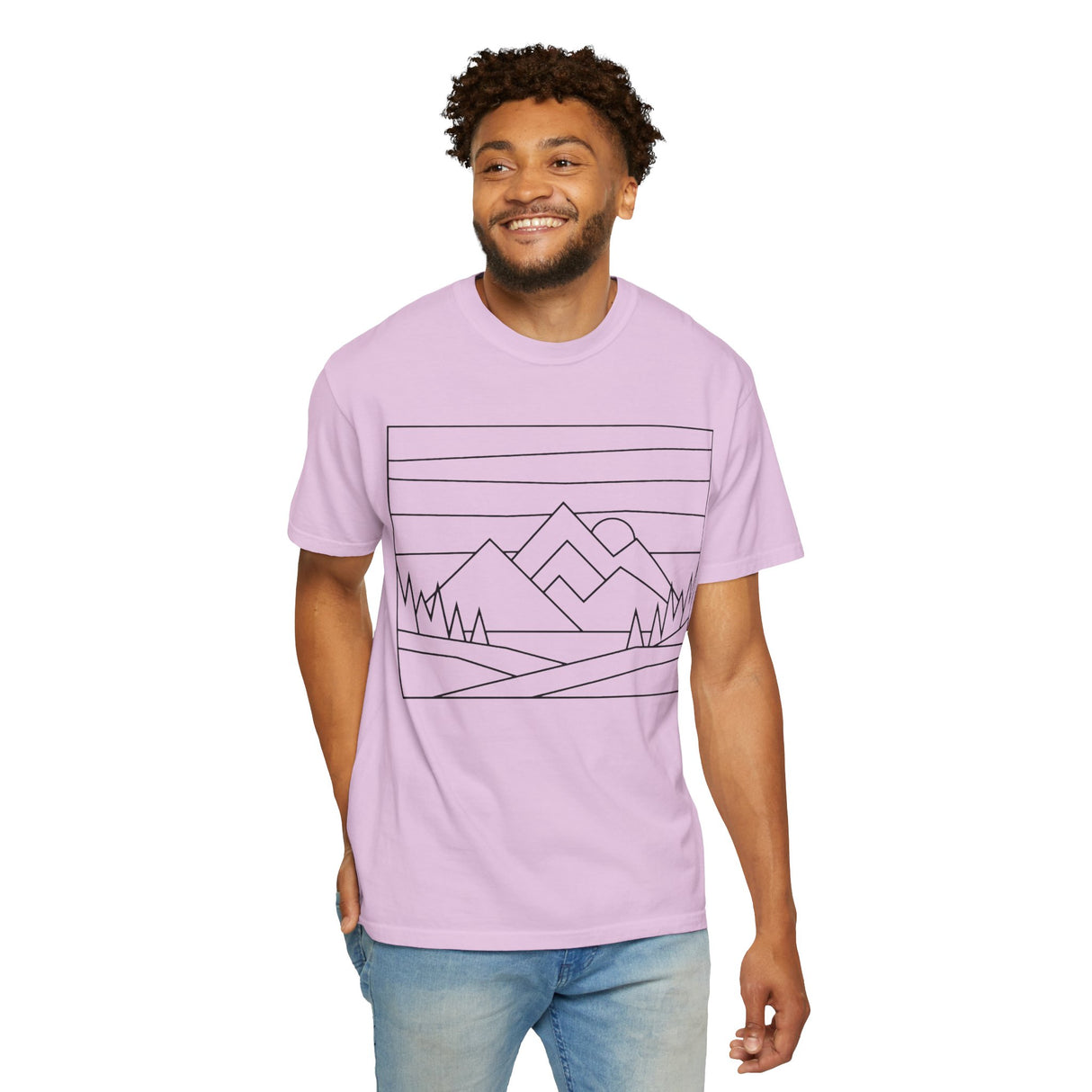 Printify Mountain Tee T-shirt from the Nature Series featuring a mountain graphic and the slogan "Built by Nature. Shaped by Choice."