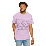 Printify Mountain Tee T-shirt from the Nature Series featuring a mountain graphic and the slogan "Built by Nature. Shaped by Choice."
