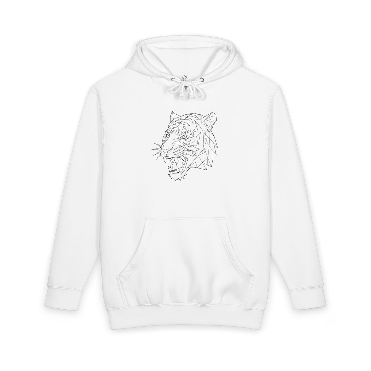 White streetwear hoodie with minimalist geometric tiger graphic on front