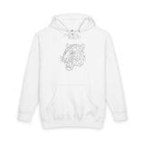 White streetwear hoodie with minimalist geometric tiger graphic on front