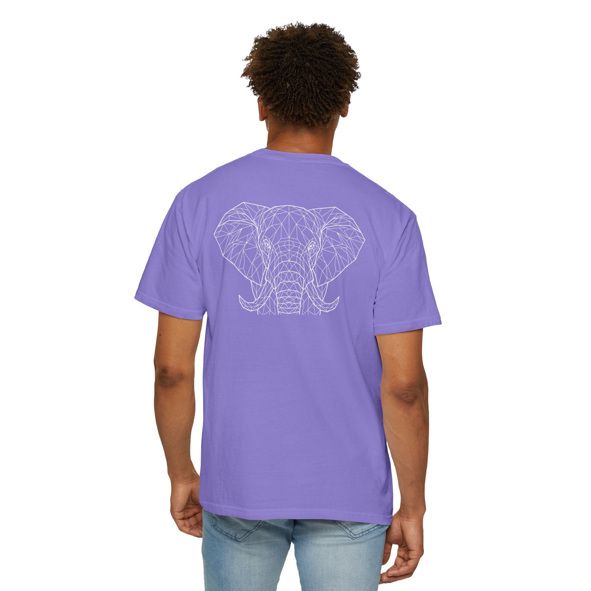 Gray elephant graphic T-shirt by Printify featuring geometric design and the phrase "Thick Skin. Soft Heart." on the front.