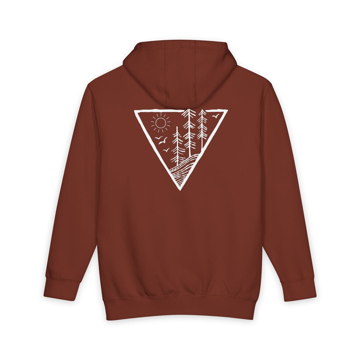 Brown hoodie with a white triangle design on the back against a white background